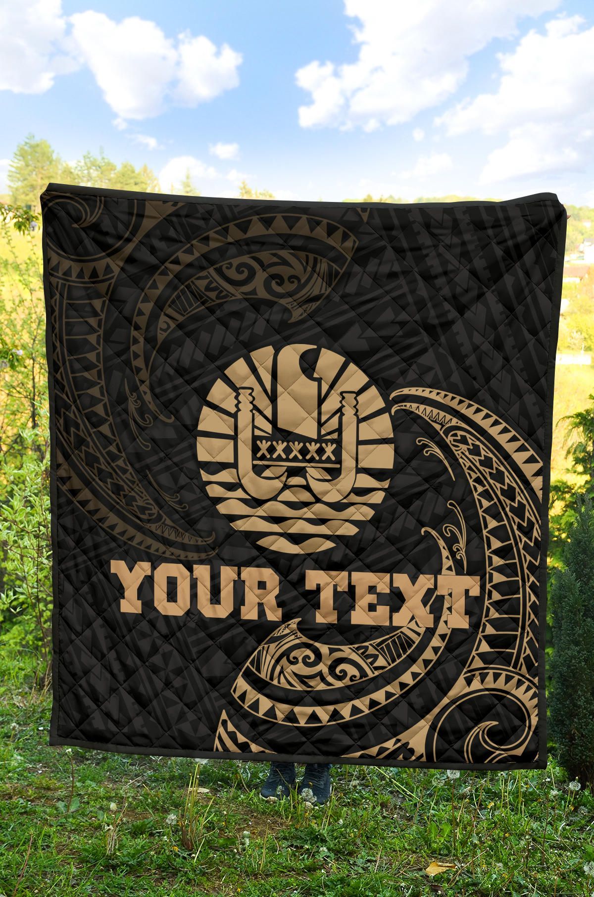 Tahiti Polynesian Custom Personalised Premium Quilt - Gold Tribal Wave
