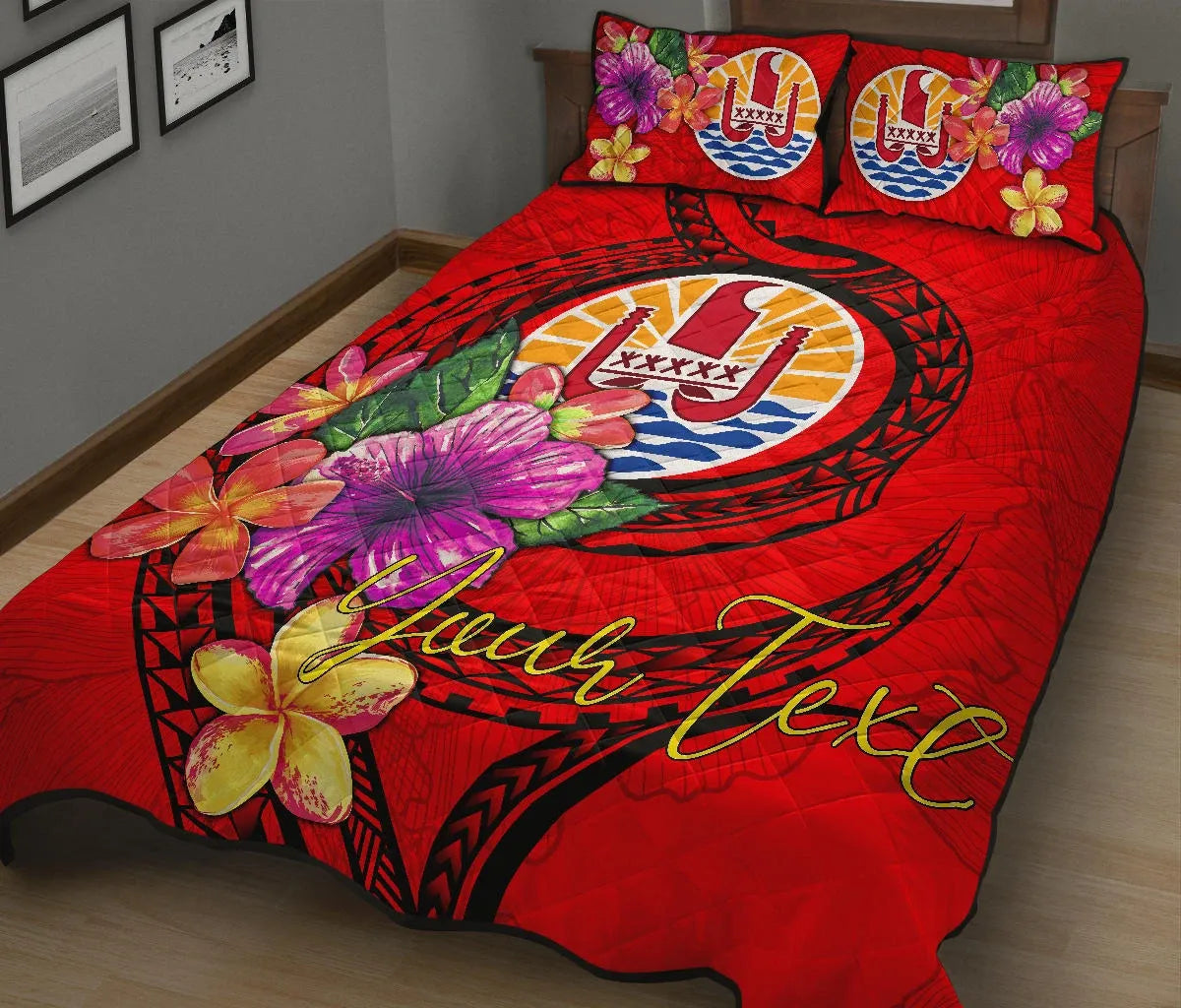Tahiti Polynesian Custom Personalised Quilt Bed Set - Floral With Seal Red