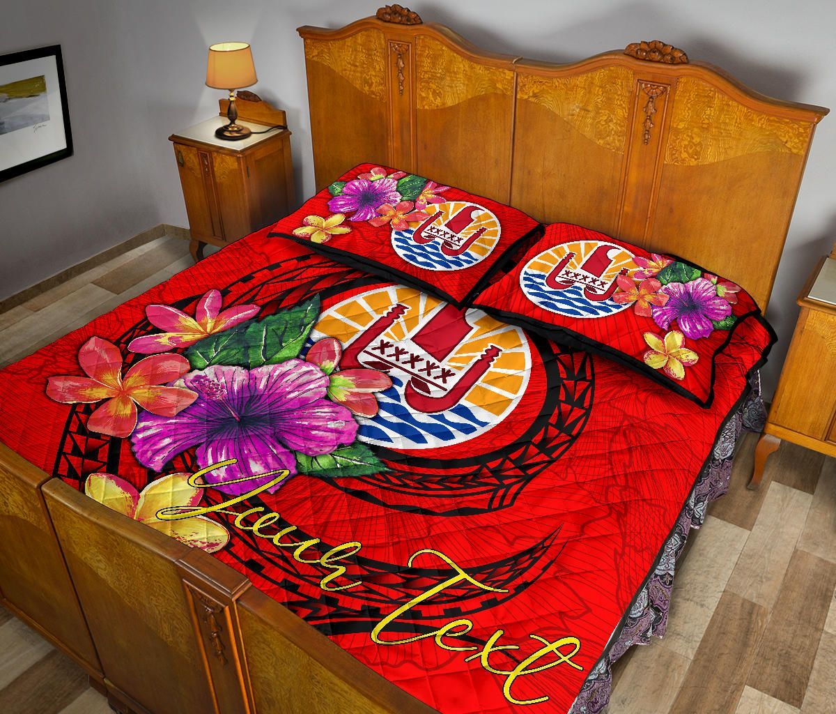 Tahiti Polynesian Custom Personalised Quilt Bed Set - Floral With Seal Red