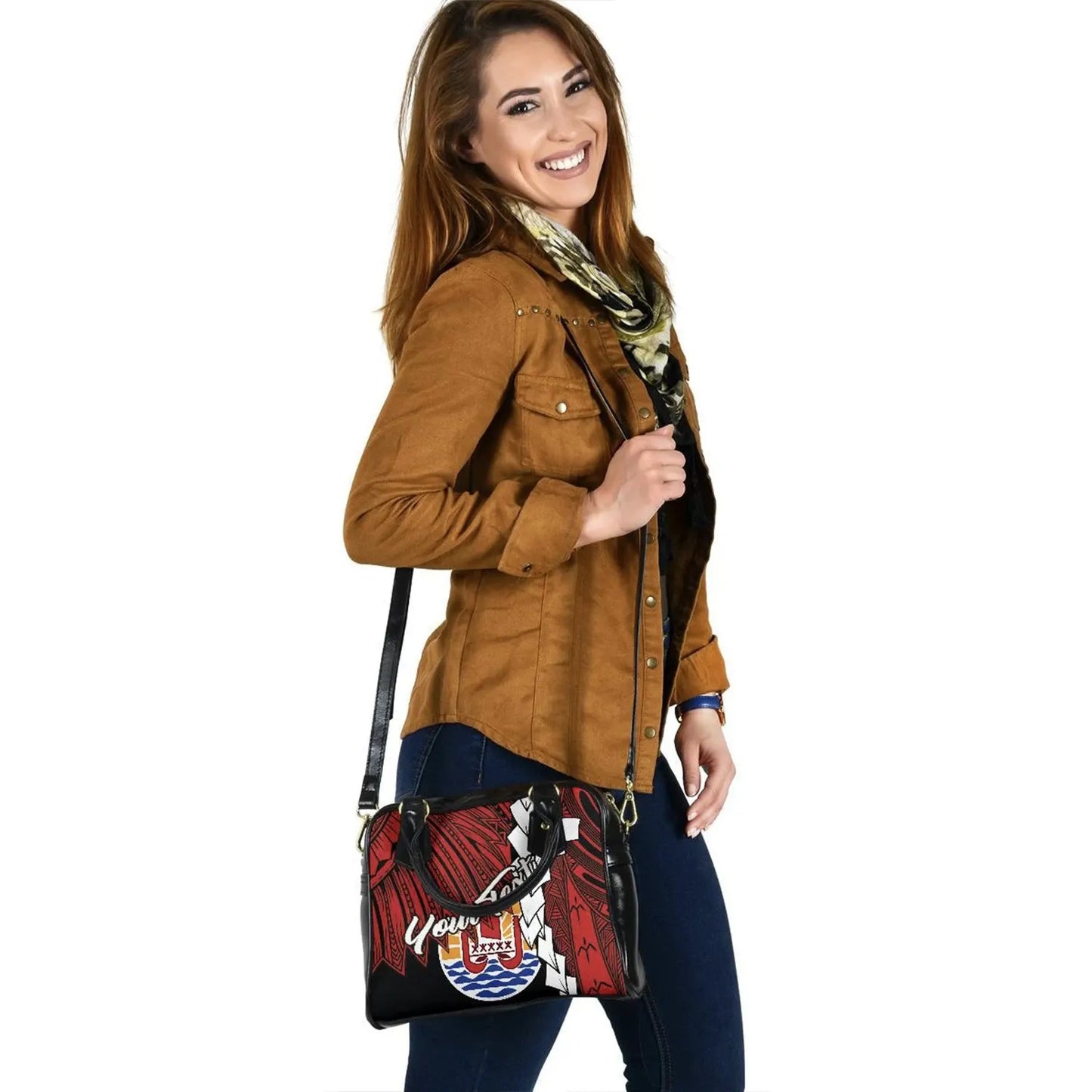 Tahiti Polynesian Custom Personalised Shoulder Handbag - Tribal Wave Tattoo Blue Flag Style