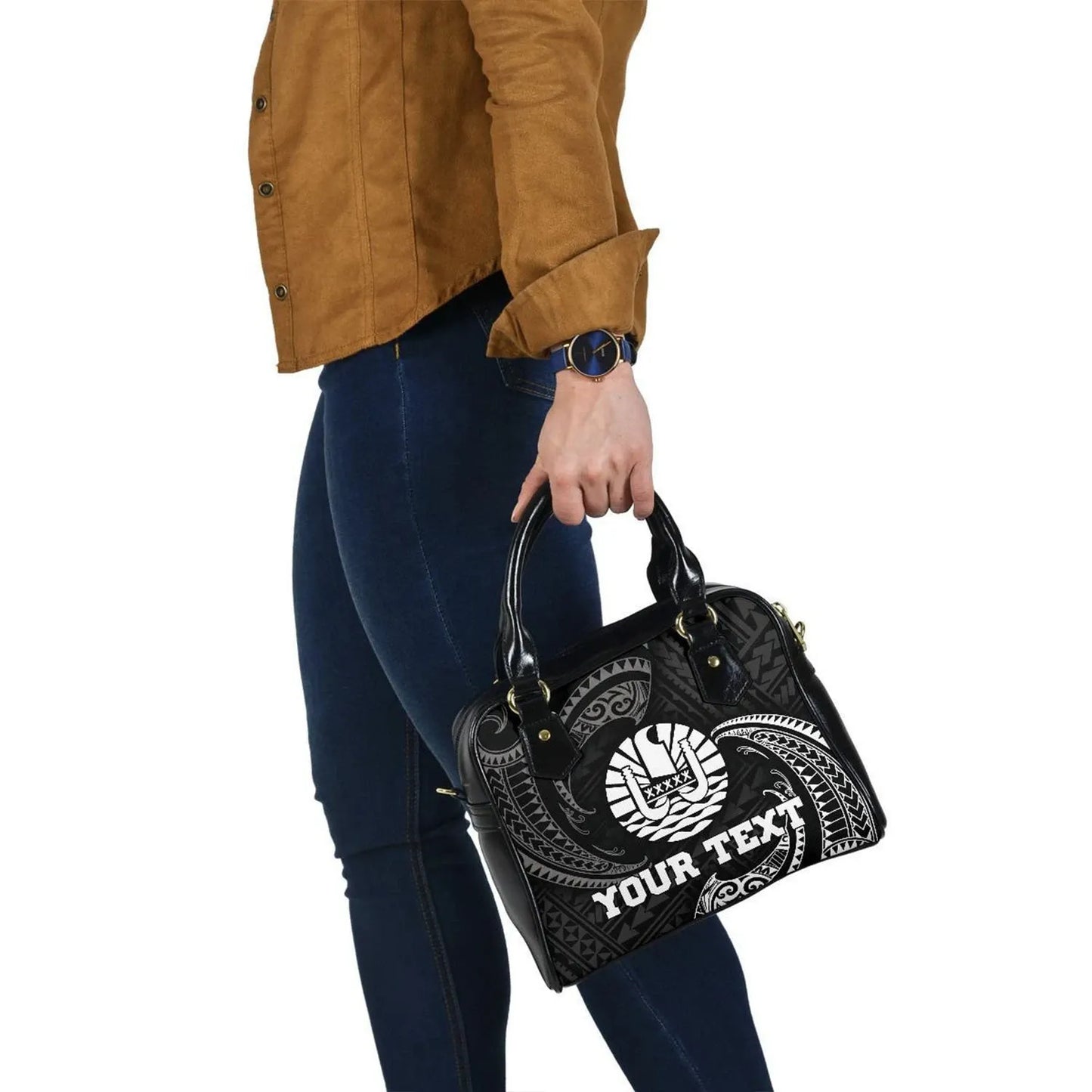 Tahiti Polynesian Custom Personalised Shoulder Handbag - White Tribal Wave