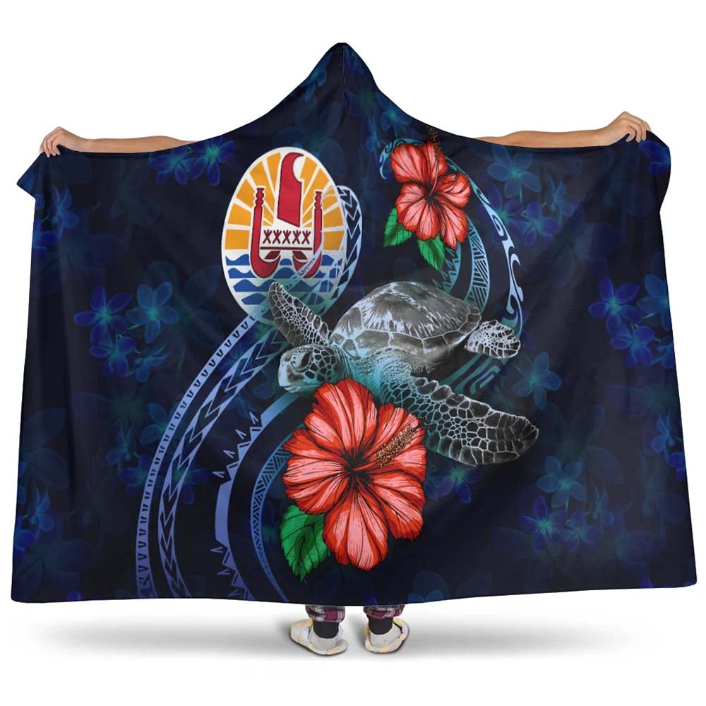 Tahiti Polynesian Hooded Blanket - Blue Turtle Hibiscus