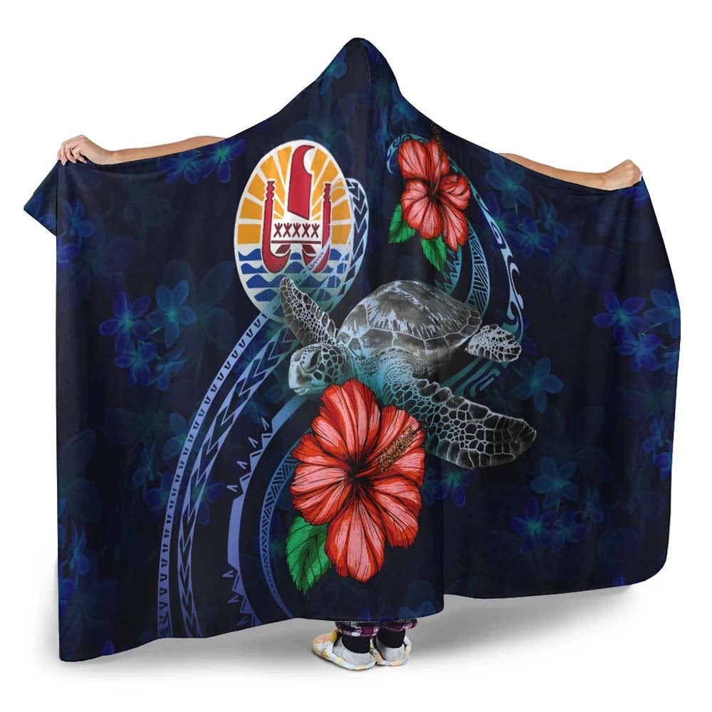 Tahiti Polynesian Hooded Blanket - Blue Turtle Hibiscus