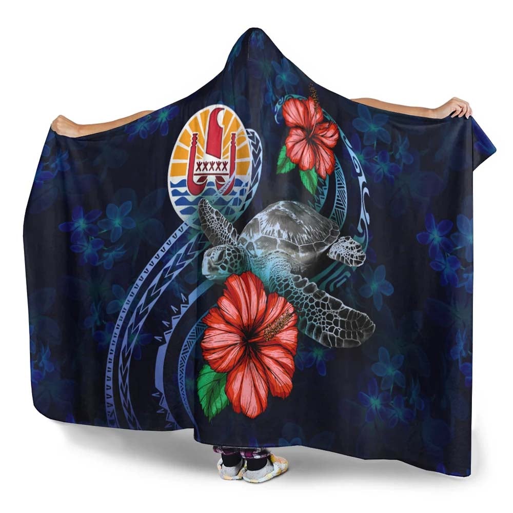 Tahiti Polynesian Hooded Blanket - Blue Turtle Hibiscus