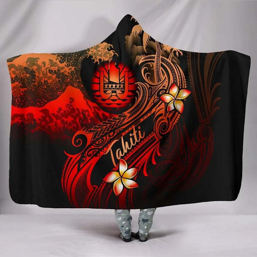 Tahiti Polynesian Hooded Blanket - Plumeria Flowers And Waves