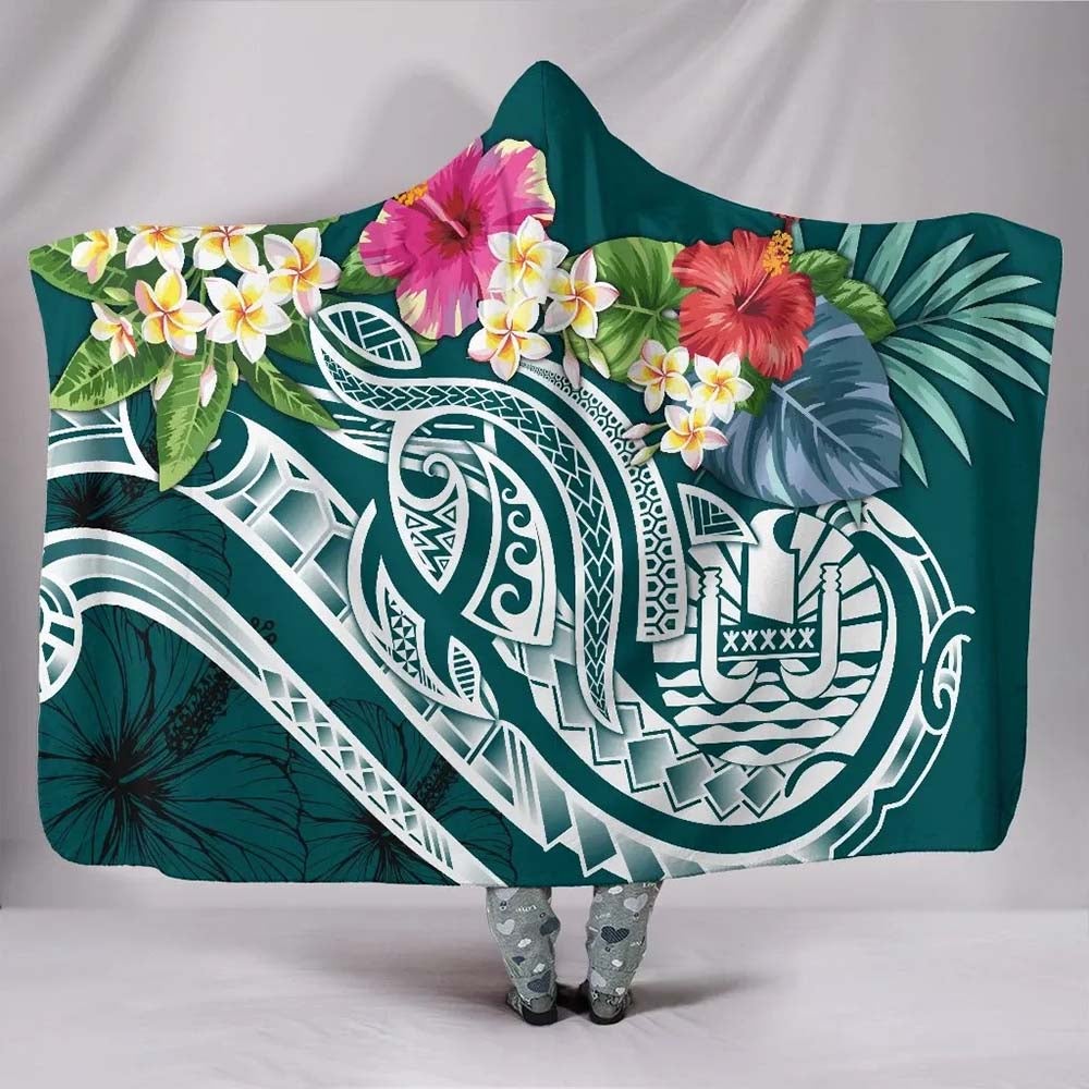 Tahiti Polynesian Hooded Blanket - Summer Plumeria (Turquoise)