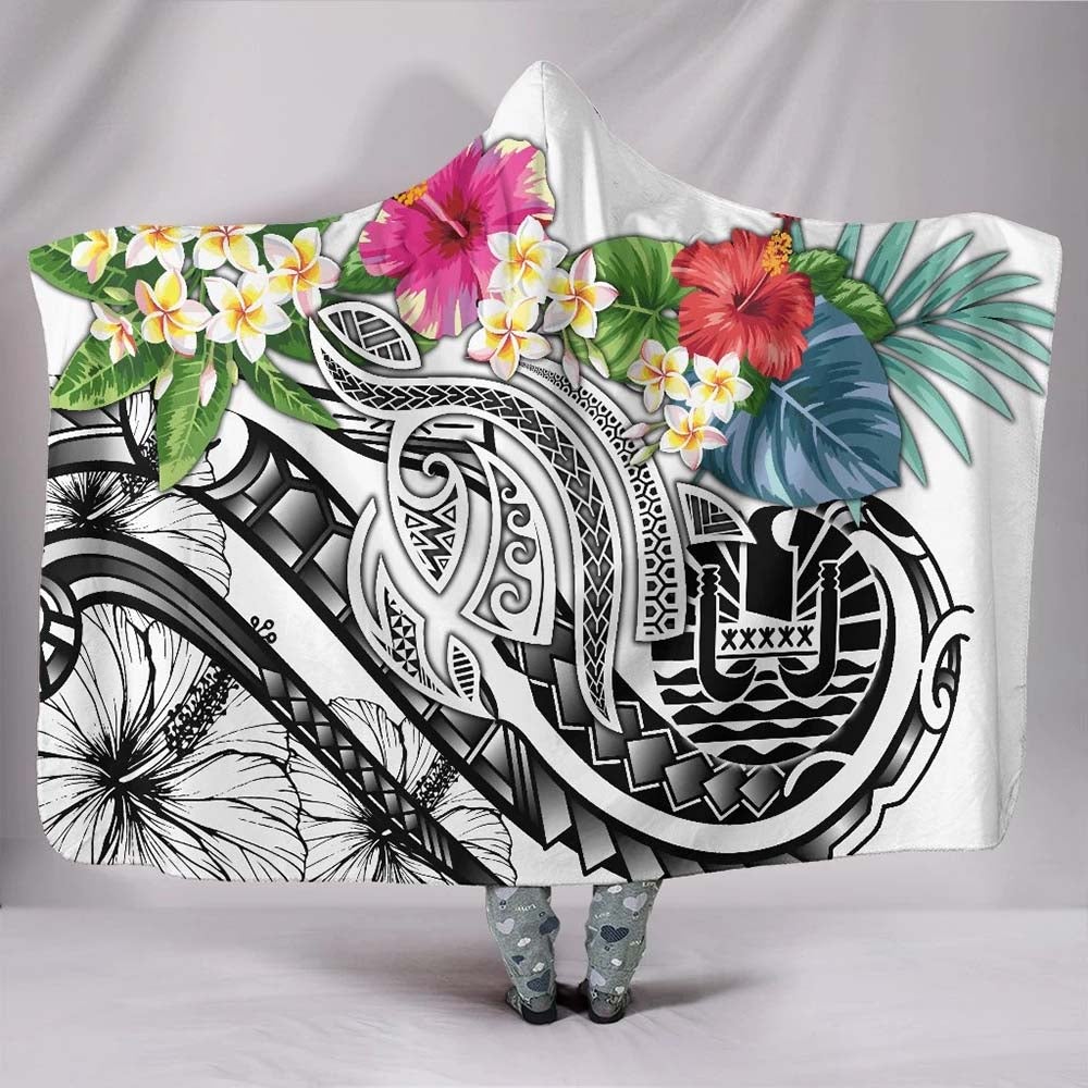 Tahiti Polynesian Hooded Blanket - Summer Plumeria (White)