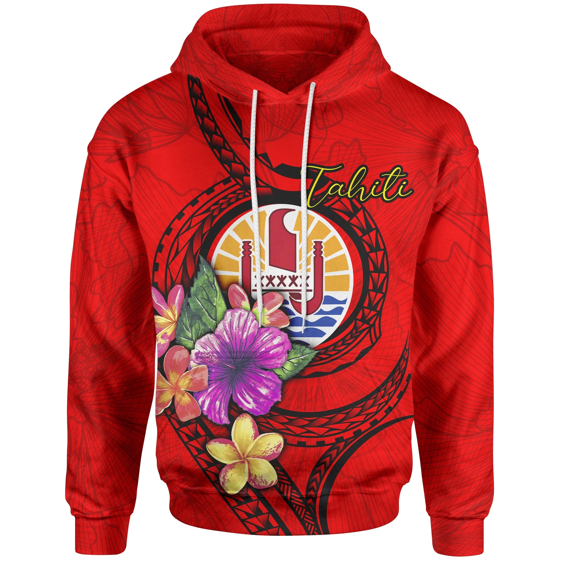 Tahiti Polynesian Hoodie - Floral With Seal Red