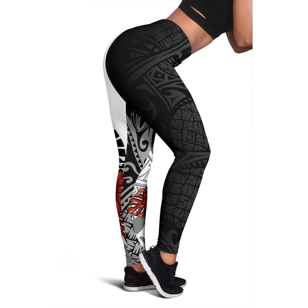 Tahiti Polynesian Legging  - Coat Of Arm With Hibiscus White