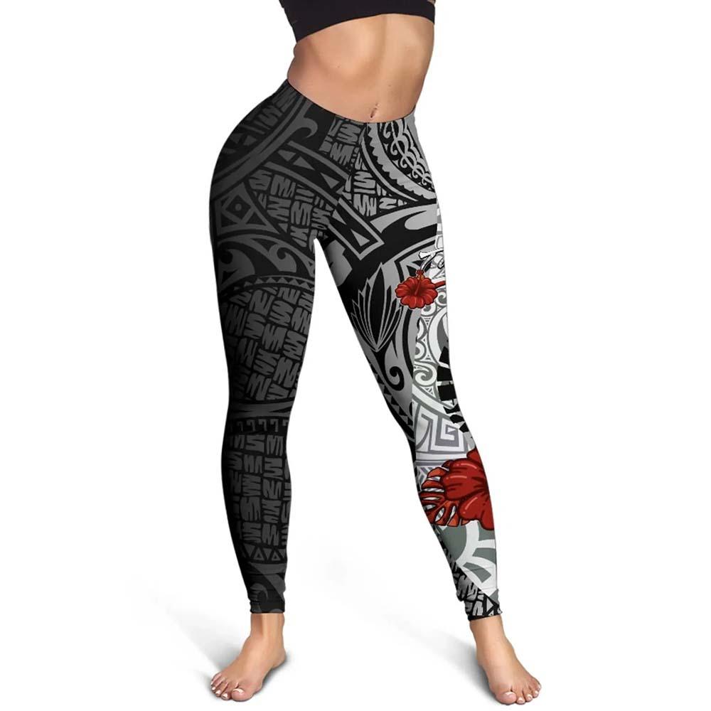 Tahiti Polynesian Legging  - Coat Of Arm With Hibiscus White