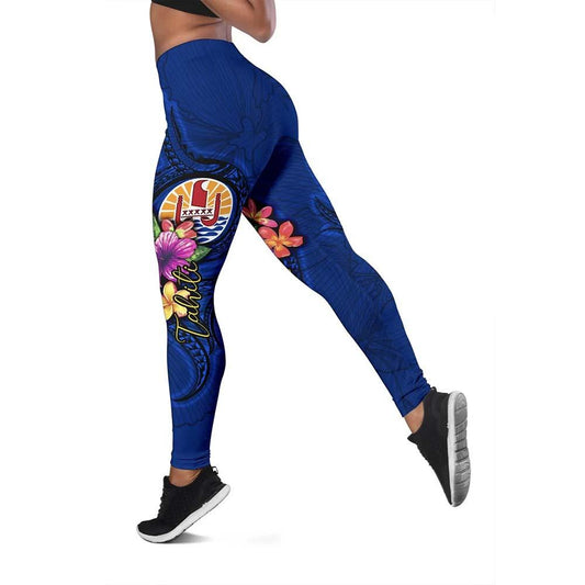 Tahiti Polynesian Legging - Floral With Seal Blue