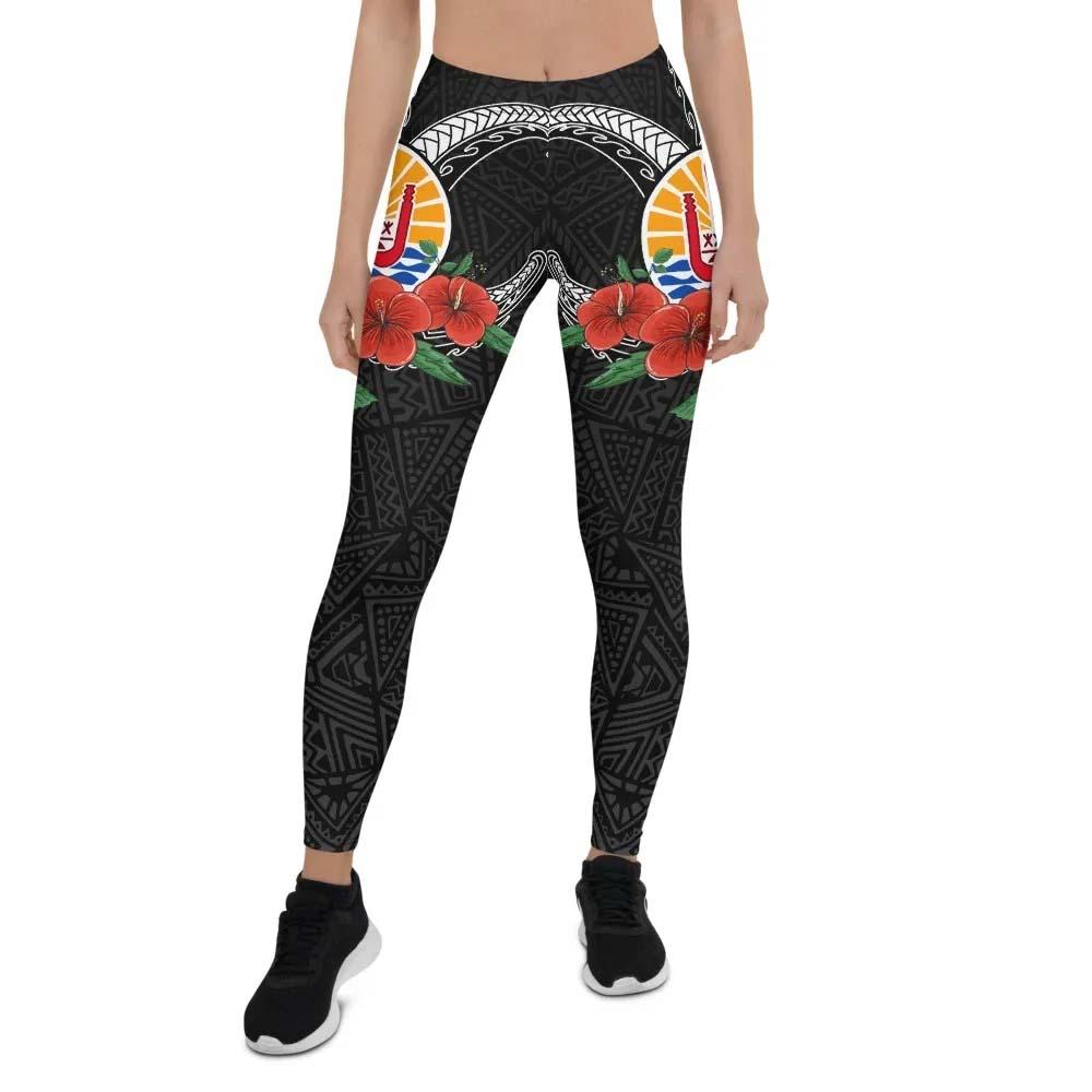 Tahiti Polynesian Legging - Hibiscus Coat of Arm Black