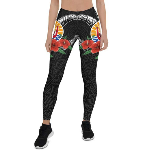 Tahiti Polynesian Legging - Hibiscus Coat of Arm Black