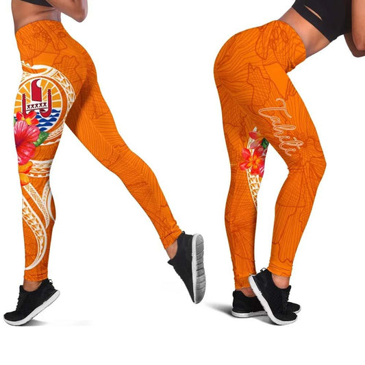 Tahiti Polynesian Legging - Orange Floral With Seal