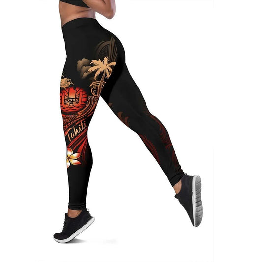 Tahiti Polynesian Legging - Plumeria Flowers And Waves