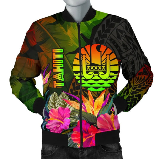 Tahiti Polynesian Bomber Jacket - Hibiscus and Banana Leaves