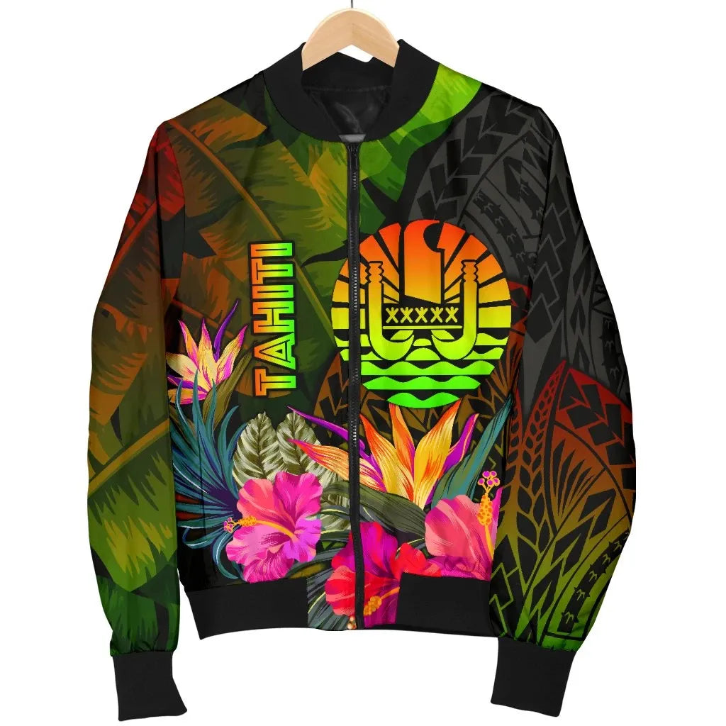 Tahiti Polynesian Bomber Jacket - Hibiscus and Banana Leaves