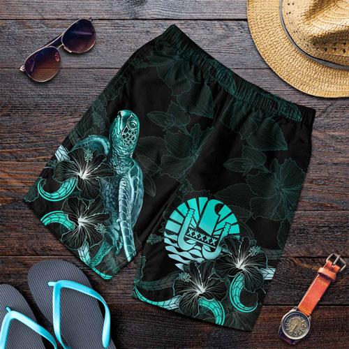 Tahiti Polynesian Men Shorts - Turtle With Blooming Hibiscus Turquoise