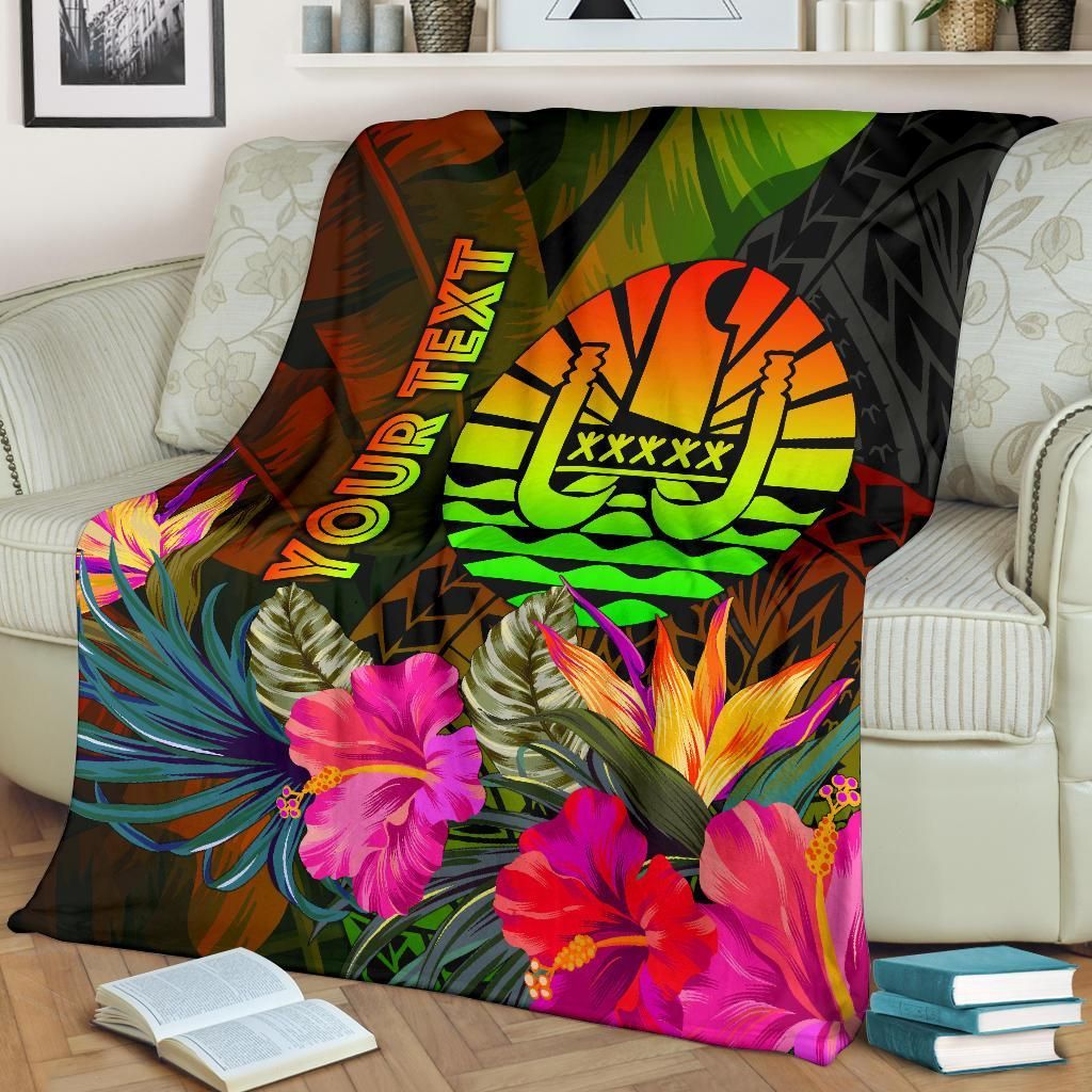 Tahiti Polynesian Personalised Premium Blanket -  Hibiscus and Banana Leaves