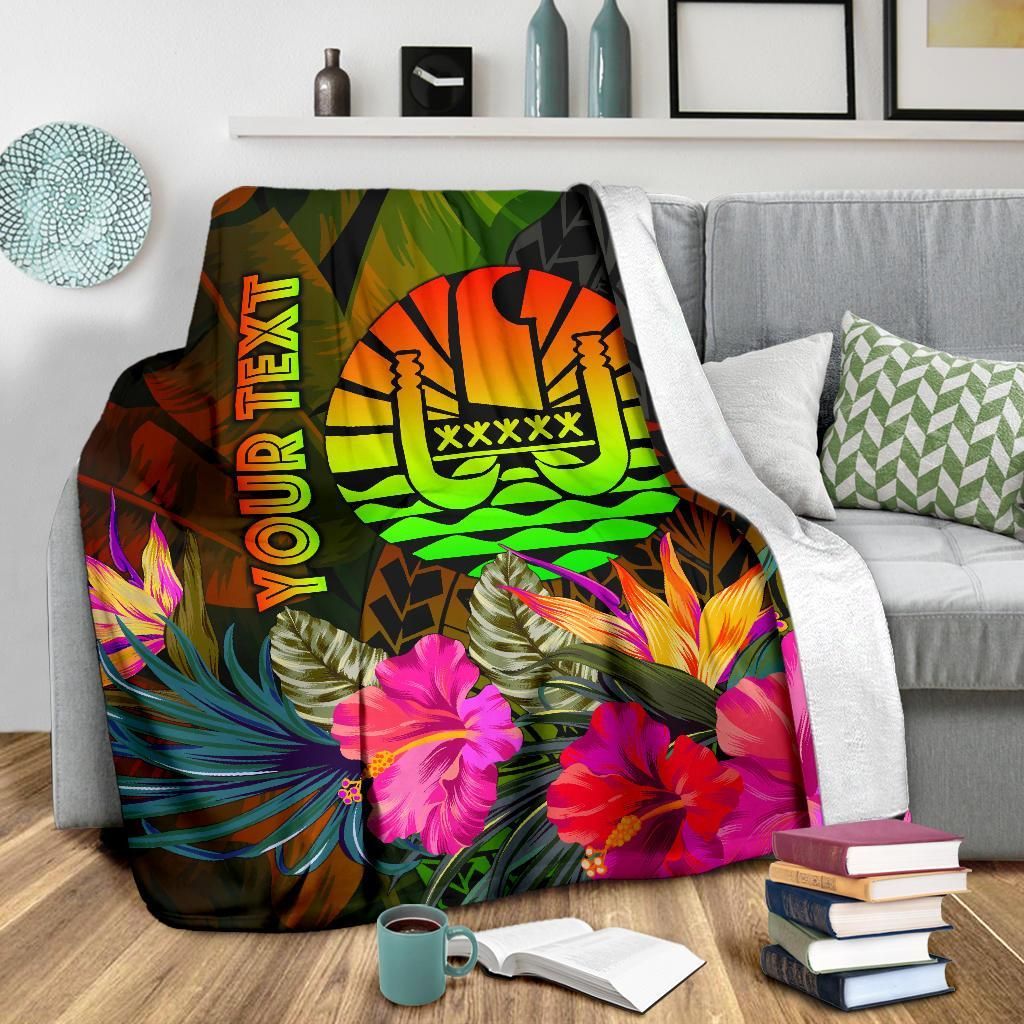 Tahiti Polynesian Personalised Premium Blanket -  Hibiscus and Banana Leaves