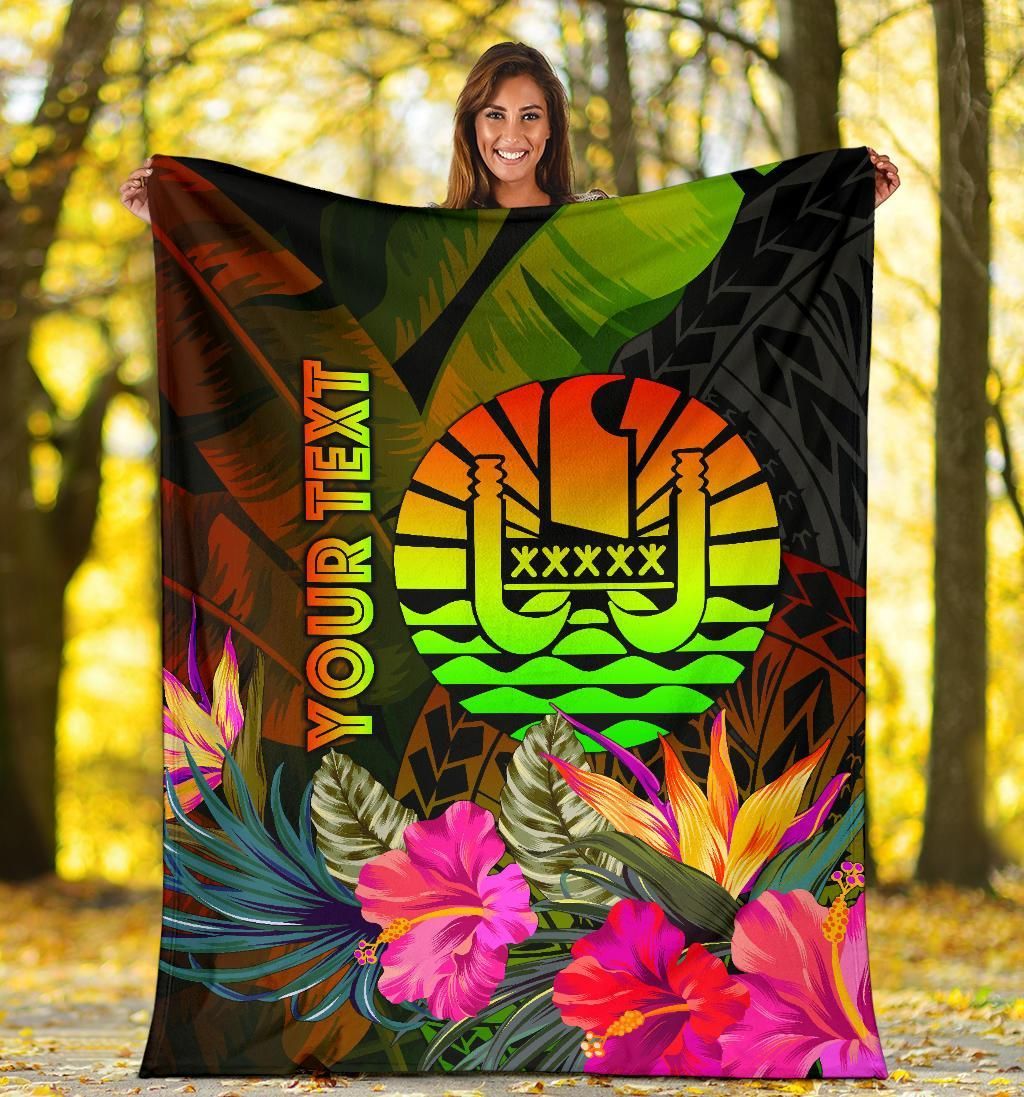 Tahiti Polynesian Personalised Premium Blanket -  Hibiscus and Banana Leaves