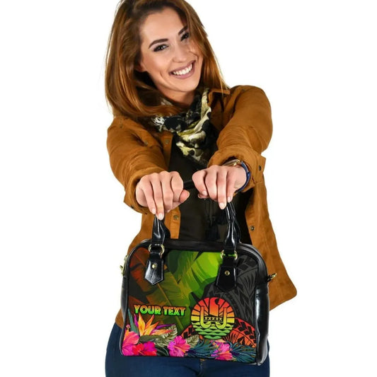 Tahiti Polynesian Personalised Shoulder Handbag - Hibiscus And Banana Leaves