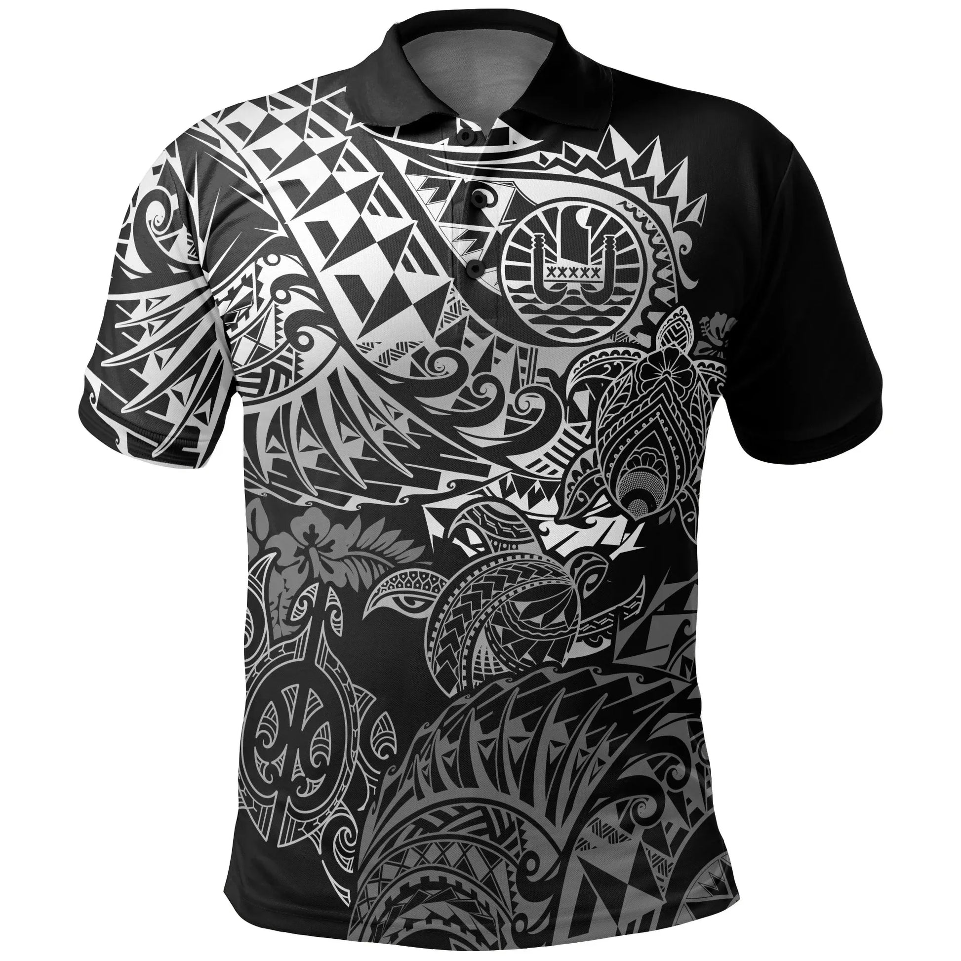Tahiti Polynesian Polo Shirt - White Turtle Hibiscus Flowing