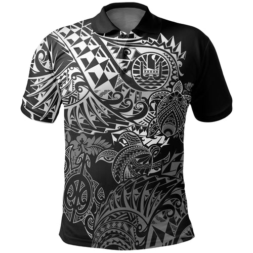 Tahiti Polynesian Polo Shirt - White Turtle Hibiscus Flowing