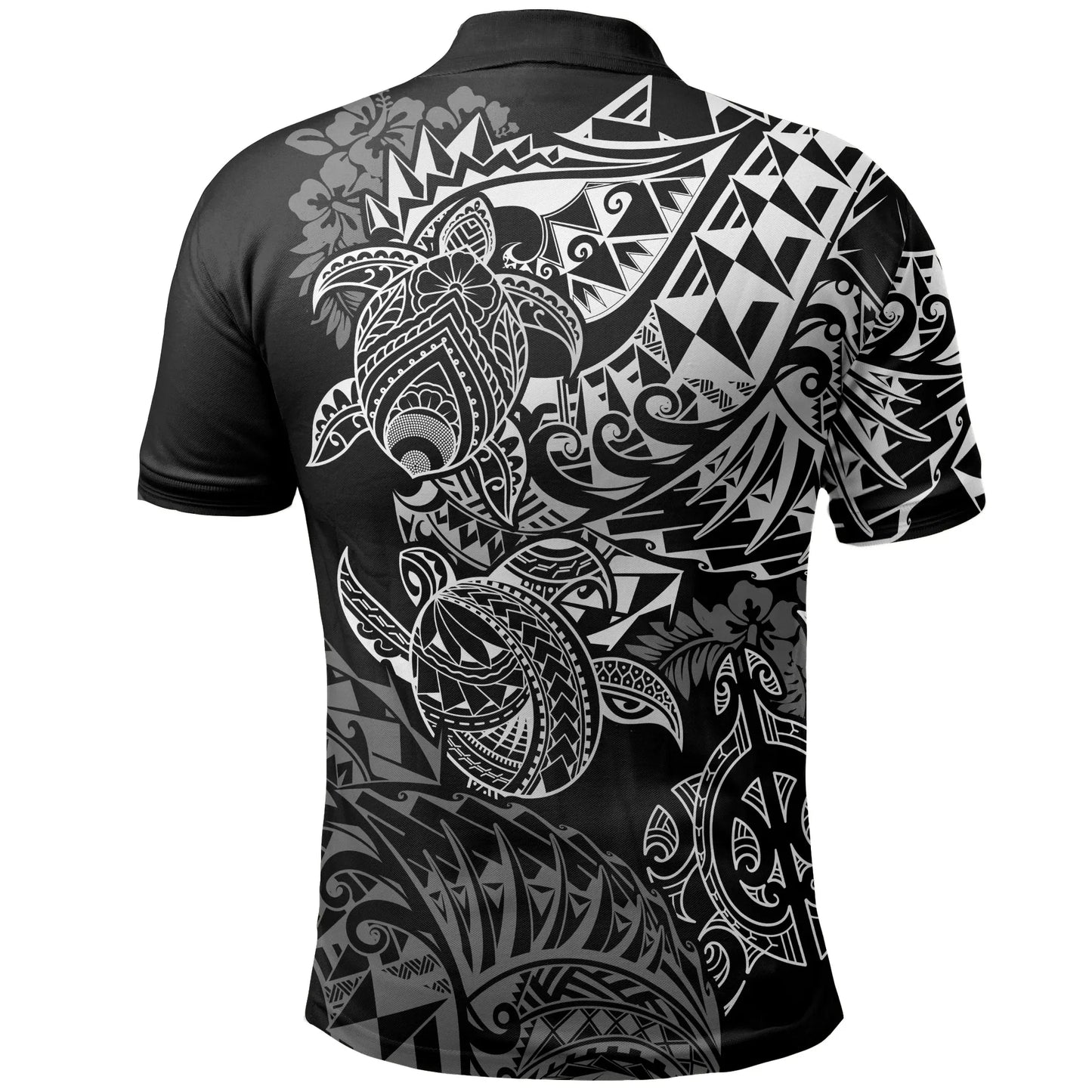 Tahiti Polynesian Polo Shirt - White Turtle Hibiscus Flowing