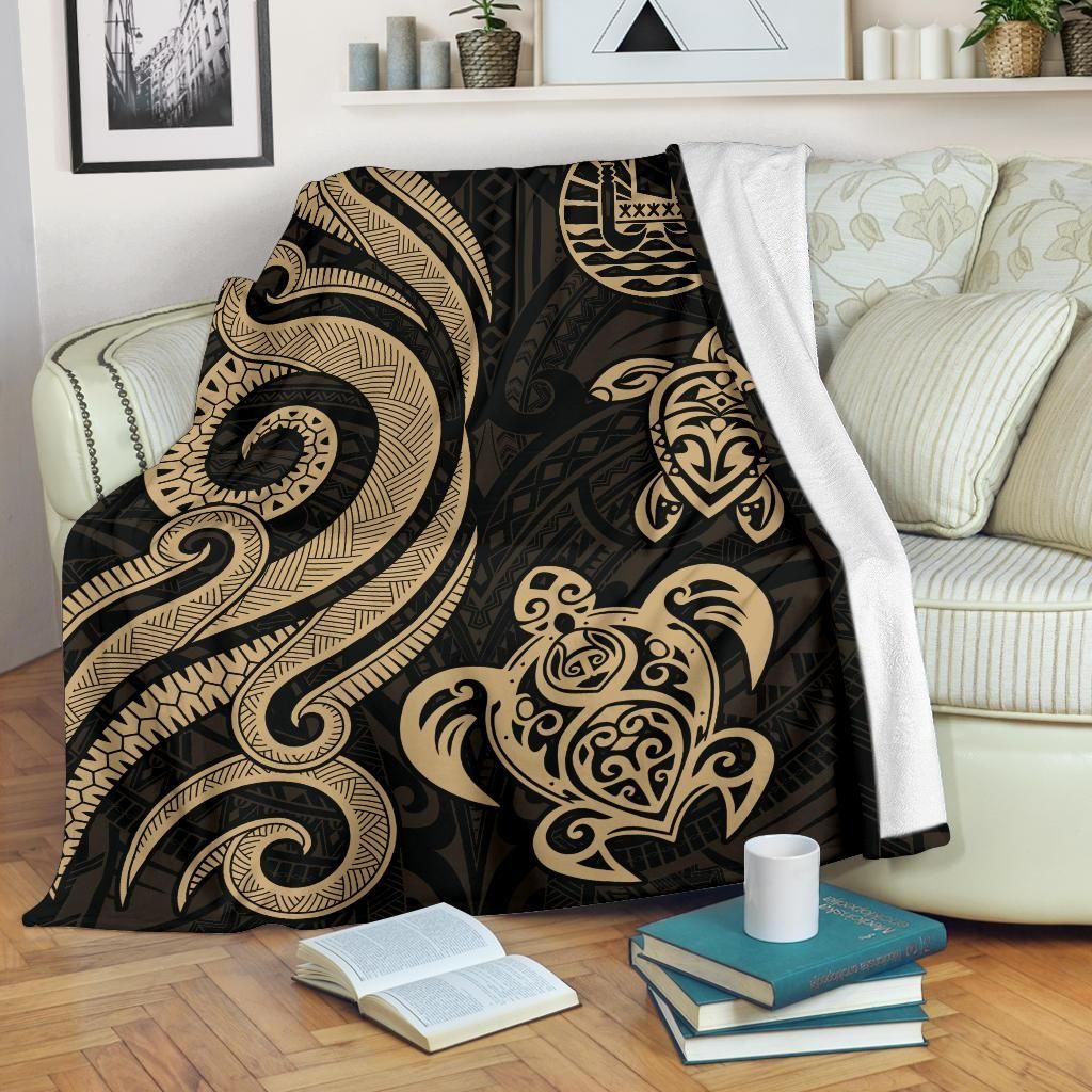 Tahiti Polynesian Premium Blanket - Gold Tentacle Turtle