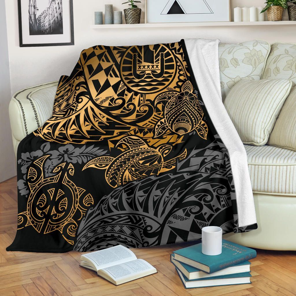 Tahiti Polynesian Premium Blanket - Gold Turtle Hibiscus Flowing