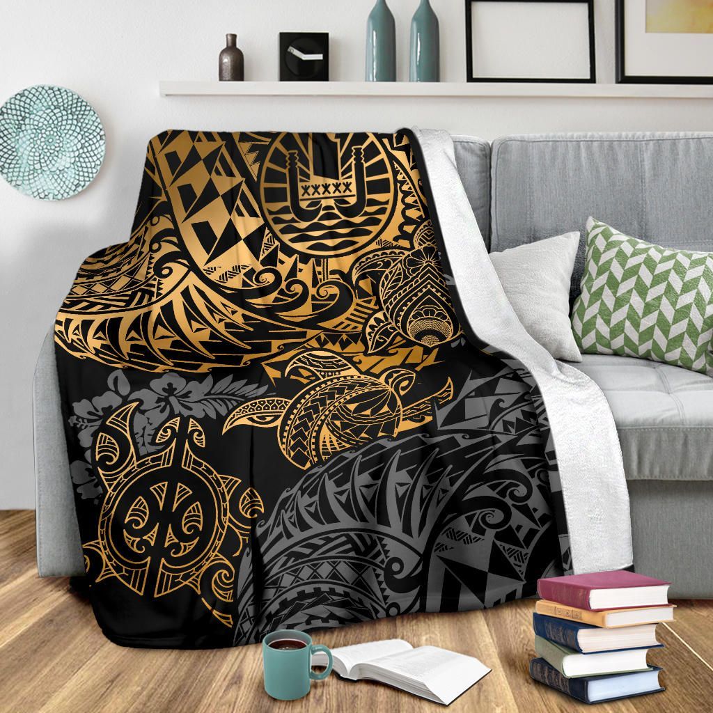 Tahiti Polynesian Premium Blanket - Gold Turtle Hibiscus Flowing