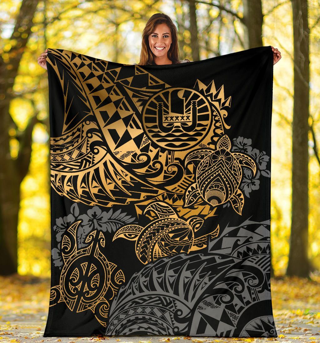 Tahiti Polynesian Premium Blanket - Gold Turtle Hibiscus Flowing