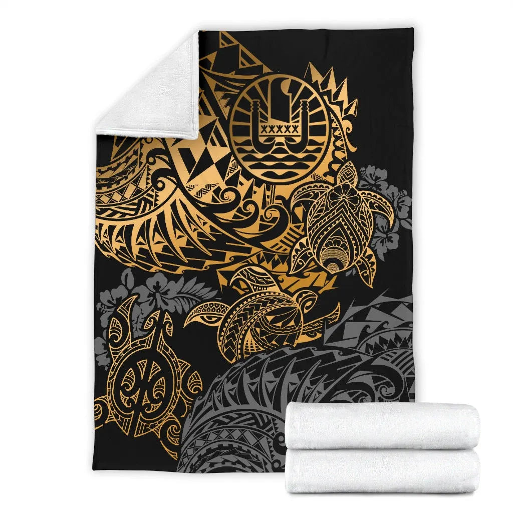Tahiti Polynesian Premium Blanket - Gold Turtle Hibiscus Flowing