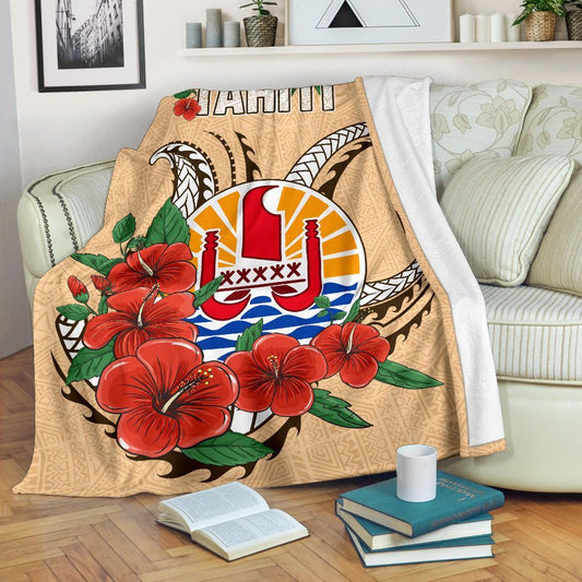 Tahiti Polynesian Premium Blanket - Hibiscus Coat of Arm Beige