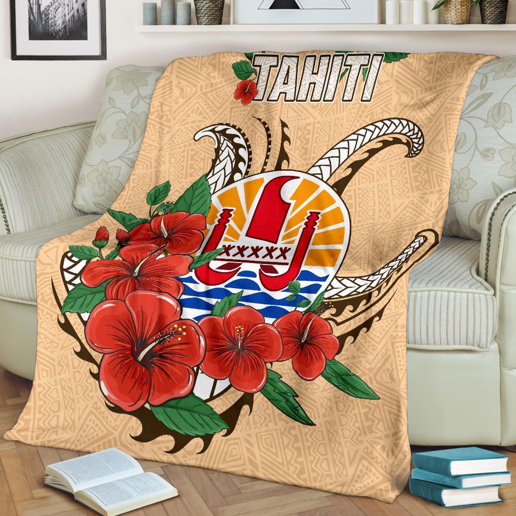 Tahiti Polynesian Premium Blanket - Hibiscus Coat of Arm Beige