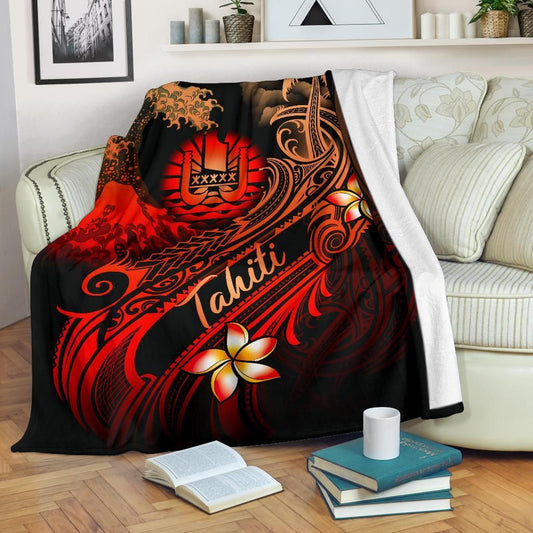 Tahiti Polynesian Premium Blanket - Plumeria Flowers And Waves