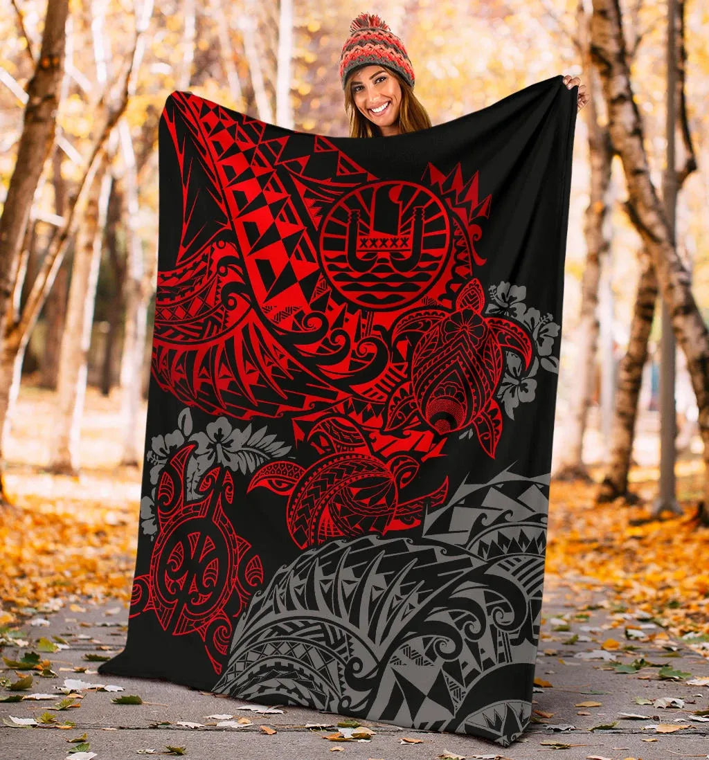 Tahiti Polynesian Premium Blanket - Red Turtle Hibiscus Flowing