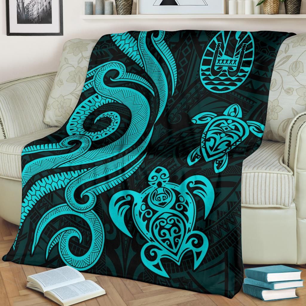 Tahiti Polynesian Premium Blanket - Turquoise Tentacle Turtle