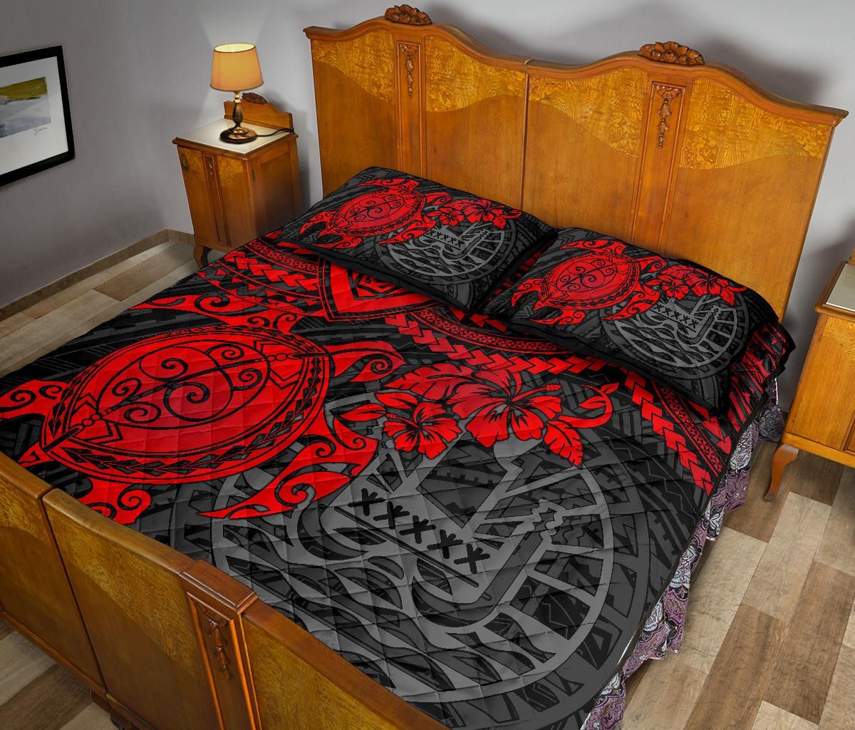 Tahiti Polynesian Quilt Bed Set - Tahiti Flag & Red Turtle Hibiscus Premium