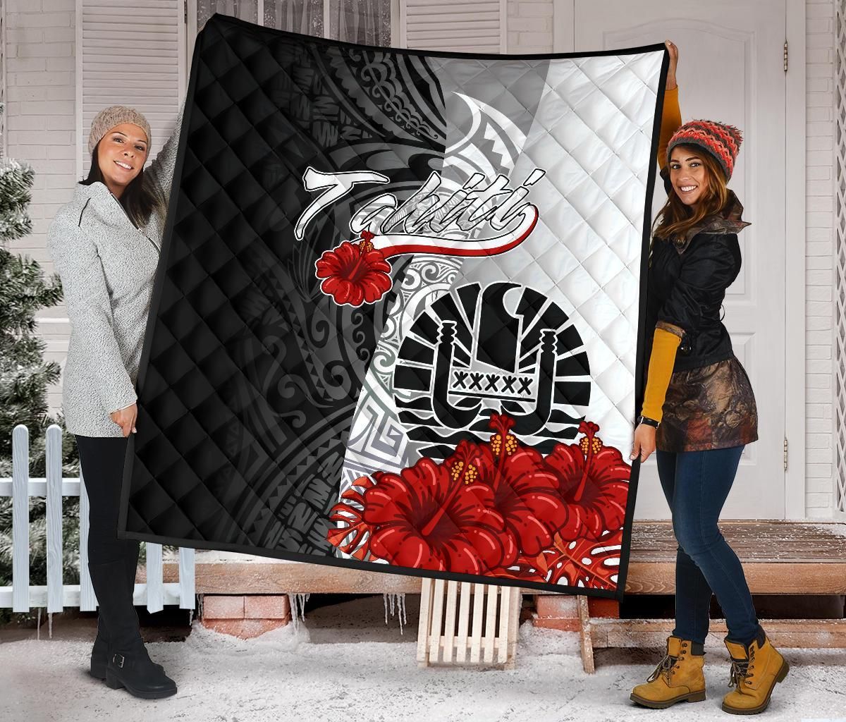 Tahiti Polynesian Premium Quilt - Coat Of Arm With Hibiscus White