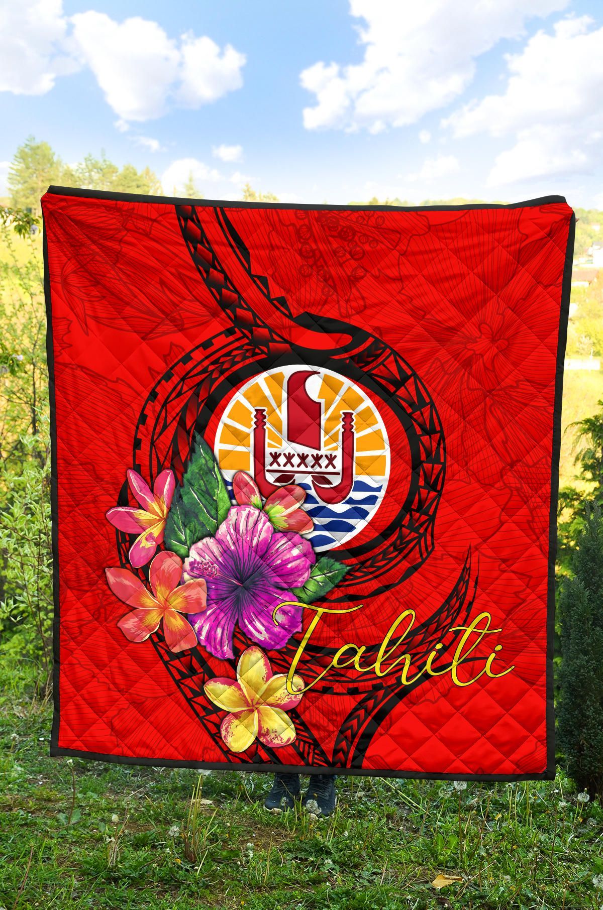 Tahiti Polynesian Premium Quilt - Floral With Seal Red