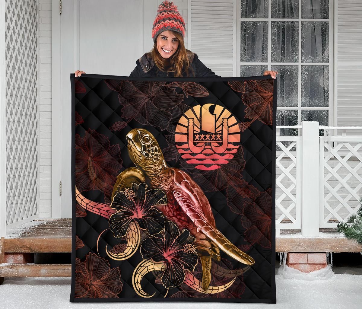 Tahiti Polynesian Premium Quilt - Turtle With Blooming Hibiscus Gold