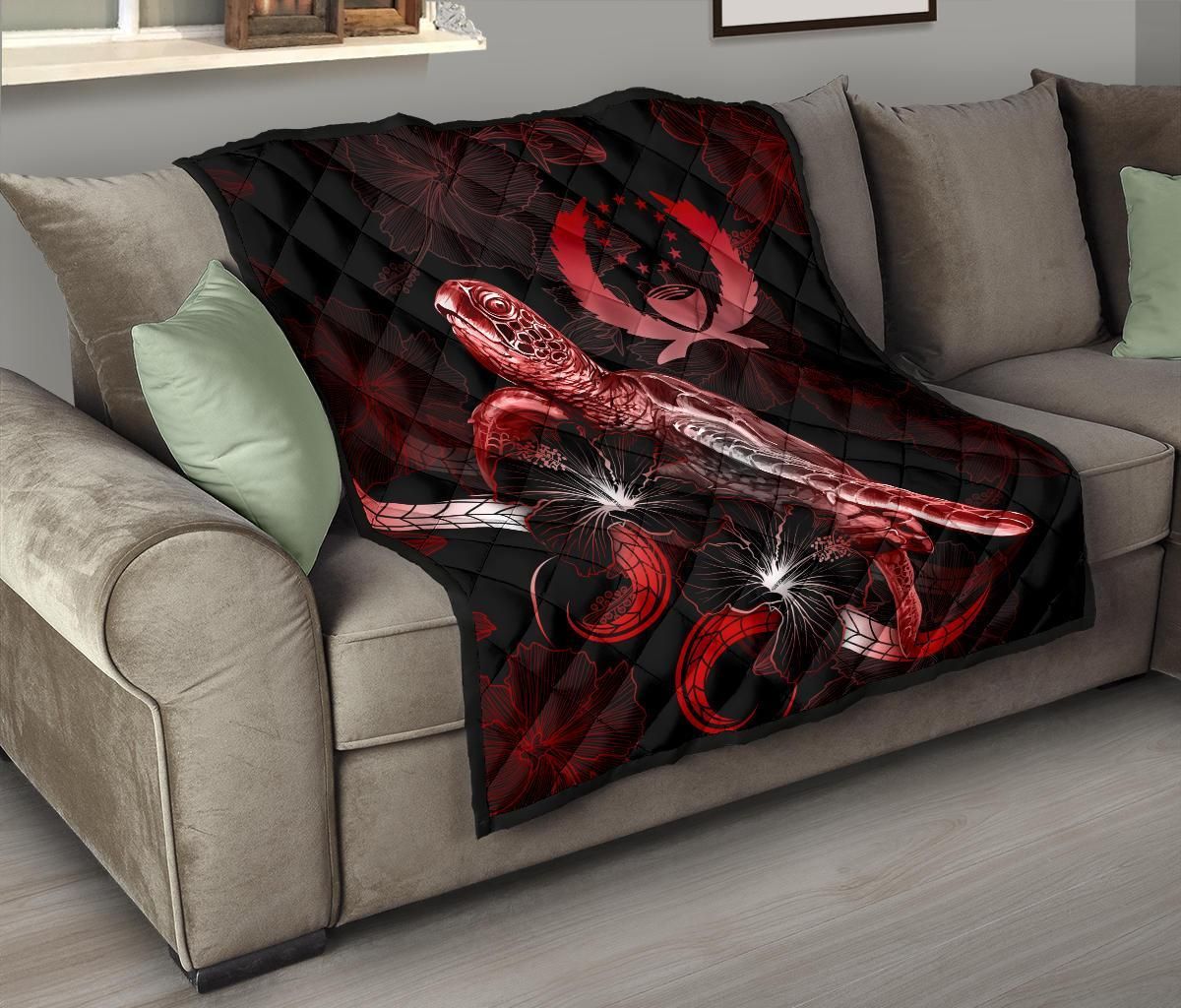 Tahiti Polynesian Premium Quilt - Turtle With Blooming Hibiscus Red