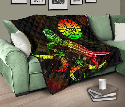 Tahiti Polynesian Premium Quilt - Turtle With Blooming Hibiscus Reggae