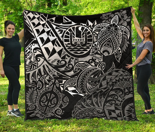 Tahiti Polynesian Premium Quilt - White Turtle Hibiscus Flowing
