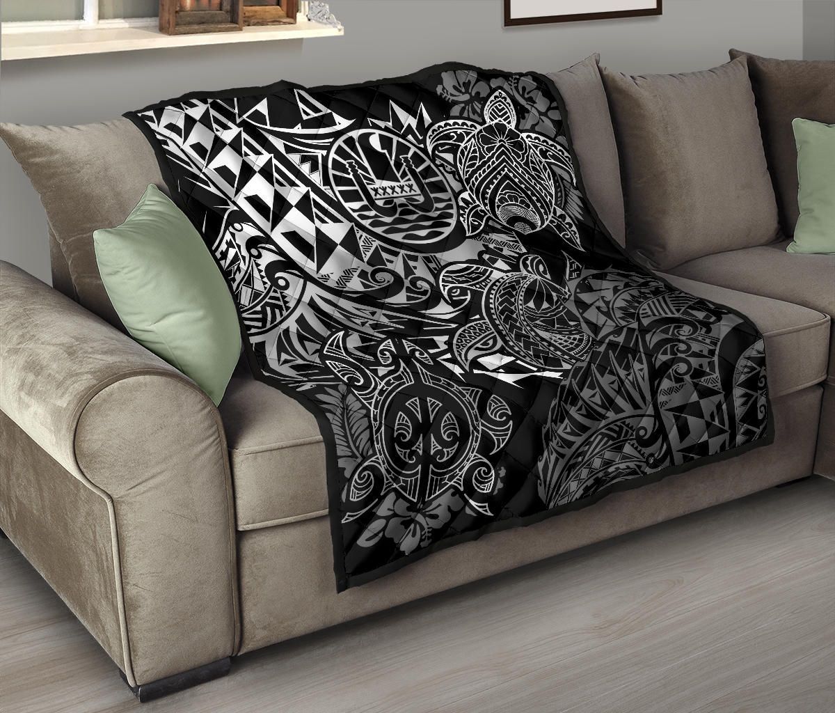 Tahiti Polynesian Premium Quilt - White Turtle Hibiscus Flowing