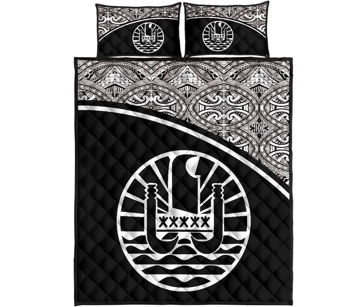 Tahiti Polynesian Quilt Bed Set - Tahiti Flag Black Curve Style