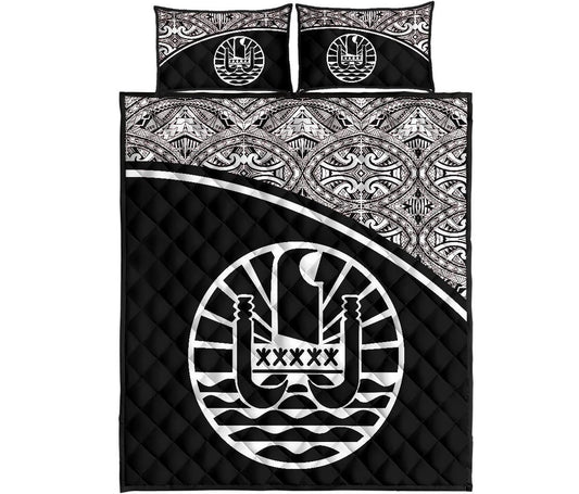Tahiti Polynesian Quilt Bed Set - Tahiti Flag Black Curve Style