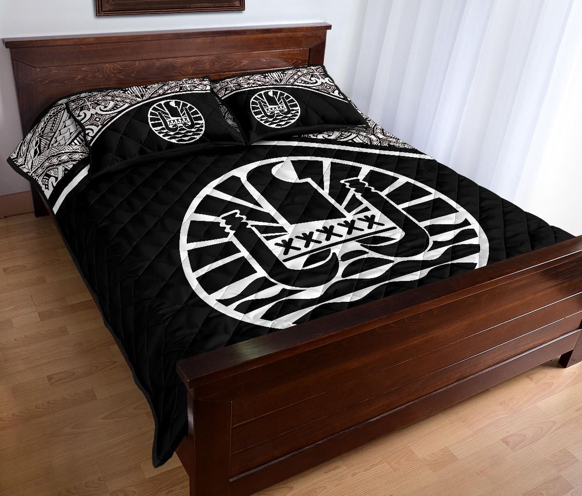 Tahiti Polynesian Quilt Bed Set - Tahiti Flag Black Curve Style